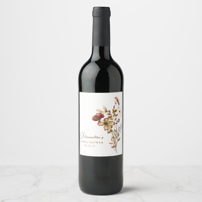 Rust Wildflower Boho Bridal Shower Favour Custom Wine Label (Front)