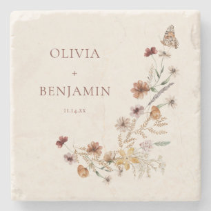 Rust Wildflower Boho Personalised Wedding Keepsake Stone Coaster