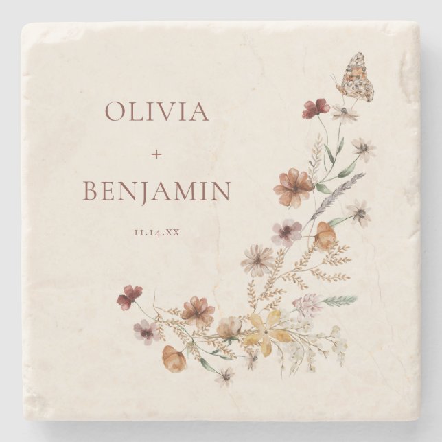 Rust Wildflower Boho Personalised Wedding Keepsake Stone Coaster (Front)