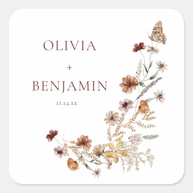 Rust Wildflower Butterfly Boho Custom Wedding Square Sticker (Front)