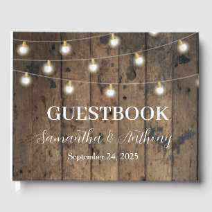 Rust Wood String lights Script Wedding Guest Book