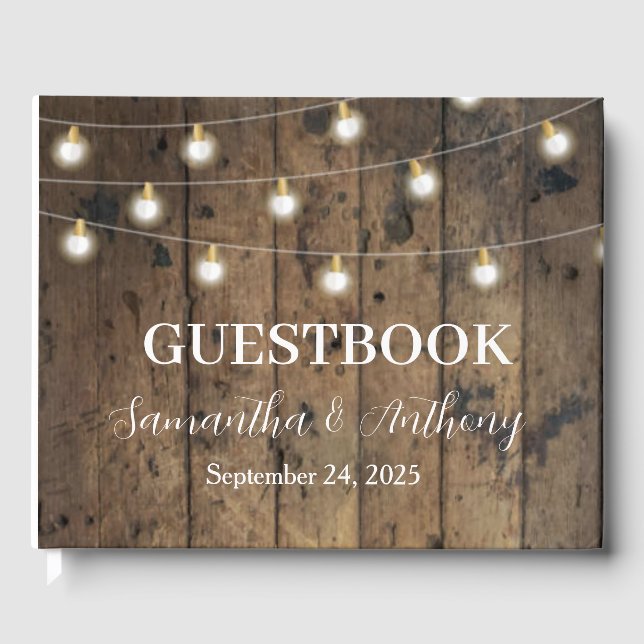 Rust Wood String lights Script Wedding Guest Book (Front)
