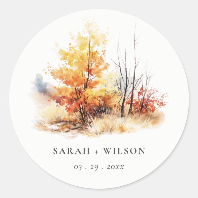 Rust Yellow Autumn Fall Landscape Plaid Wedding Classic Round Sticker (Front)