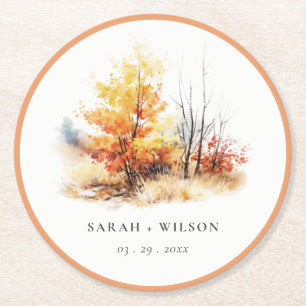 Rust Yellow Autumn Fall Landscape Plaid Wedding Round Paper Coaster