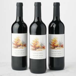 Rust Yellow Autumn Fall Landscape Plaid Wedding Wine Label
