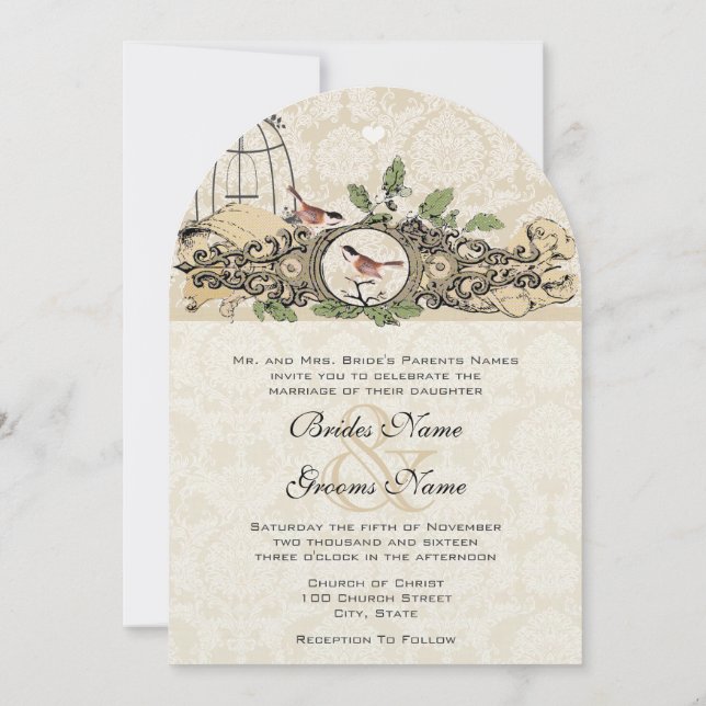 Rustci Forest Birdcage Acorn Love Birds Invitation (Back)
