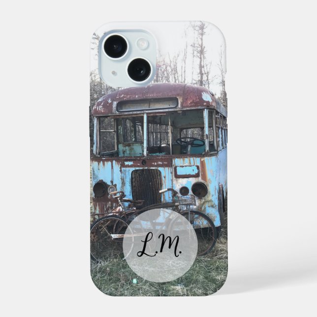 Rusted Blue Bus and Old Bicycles Phone Case (Back)