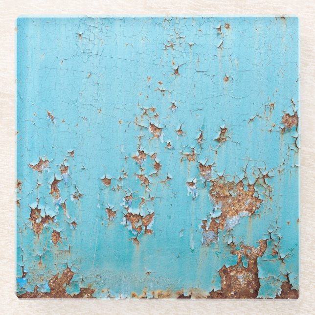Rusted Blue Metal: Textured Wall. Glass Coaster (Front)