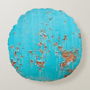 Rusted blue painted metal wall. Detailed photo tex Round Cushion