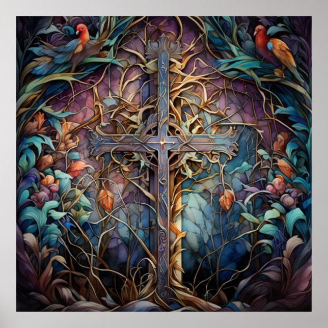 Rusted Celtic Cross With Vines and Birds Poster (Front)