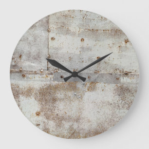 Rusted colorful metal wall, streaks. large clock