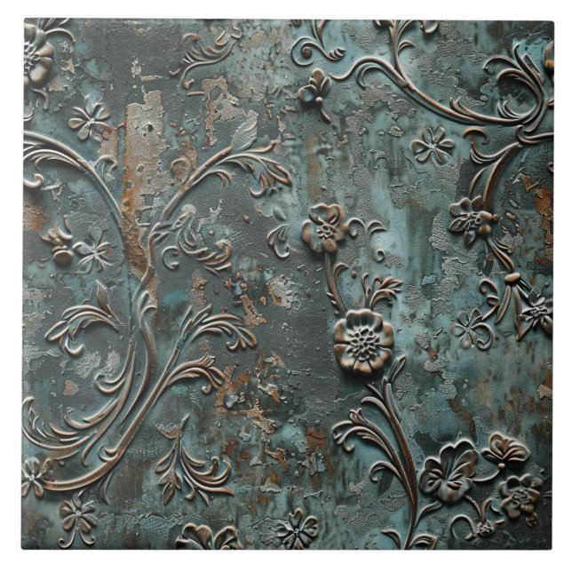 Rusted Metal Antique Floral  Tile (Front)