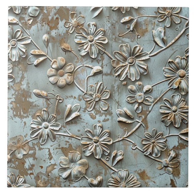 Rusted Metal Antique Floral  Tile (Front)