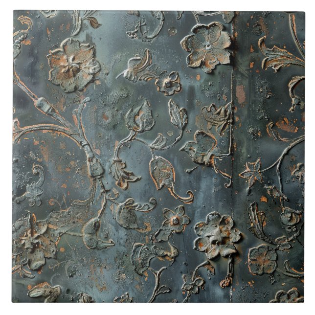 Rusted Metal Antique Floral  Tile (Front)