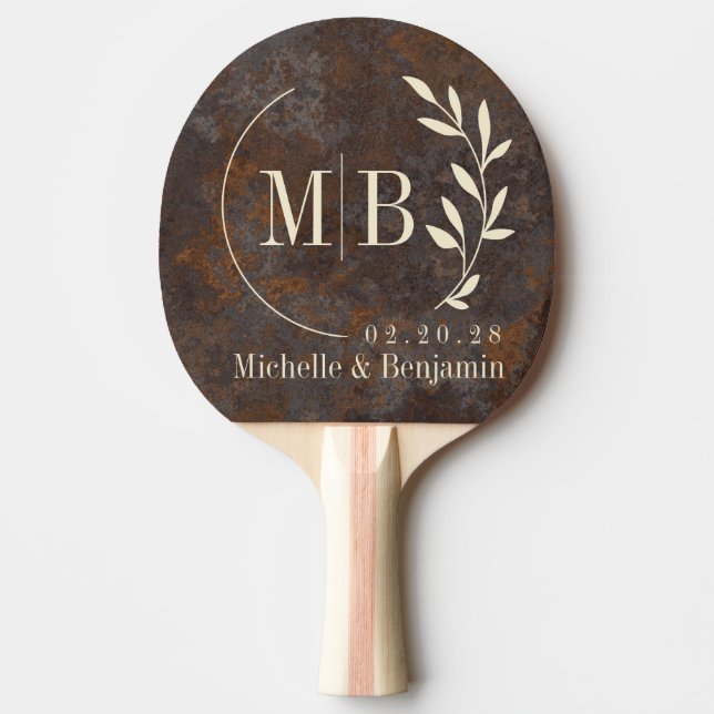 Rusted Metal Sheet Leaf Wedding Monogram Ping Pong Paddle (Front)