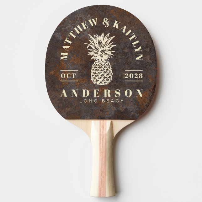 Rusted Metal Sheet Tropical Pineapple WeddingCrest Ping Pong Paddle (Front)