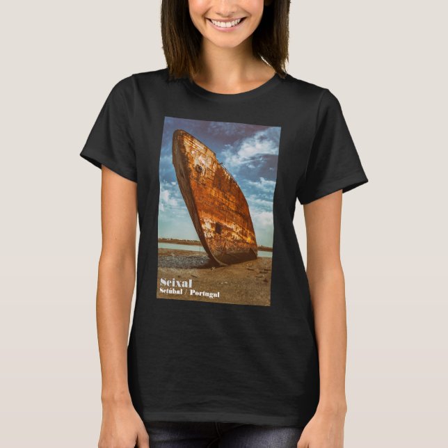Rusted Shipwreck beached or stranded on a beach T-Shirt (Front)