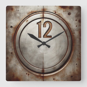 rusted steel square wall clock