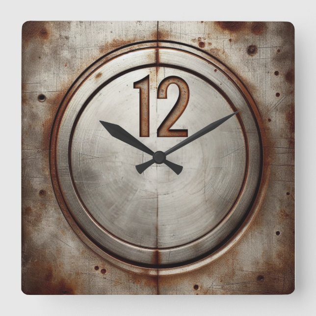 rusted steel square wall clock (Front)