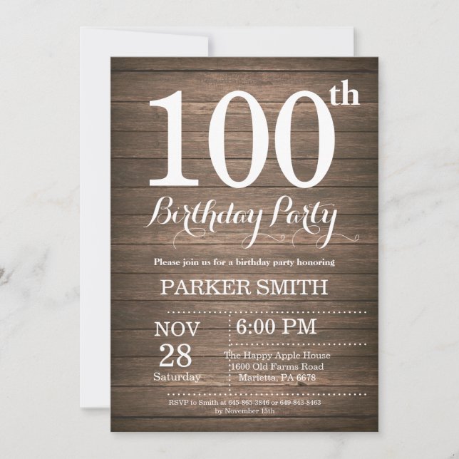 Rustic 100th Birthday Invitation (Front)