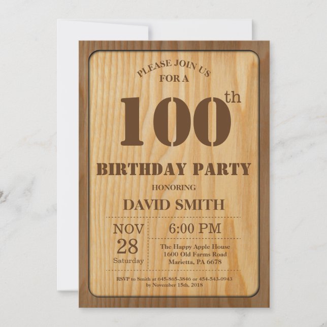 Rustic 100th Birthday Invitation Vintage Wood (Front)