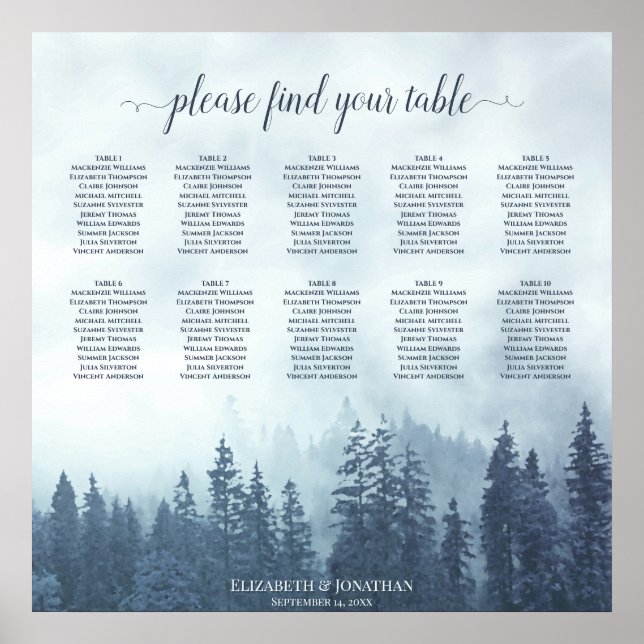 Rustic 10 Table Misty Blue Pines Seating Chart (Front)