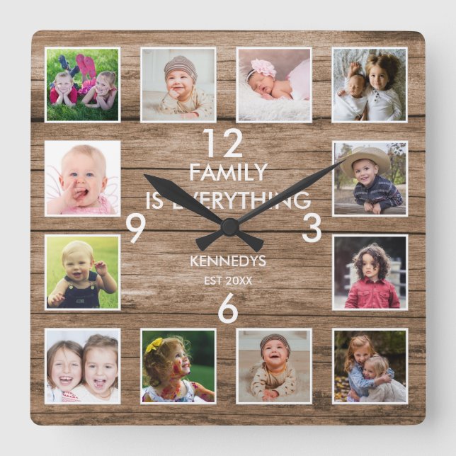 Rustic 12 Photo Collage Family Quote ReclaimedWood Square Wall Clock (Front)
