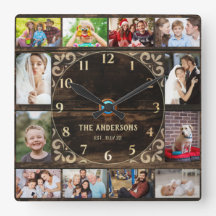 Rustic 12-Photo Family Collage Clock –Personalized
