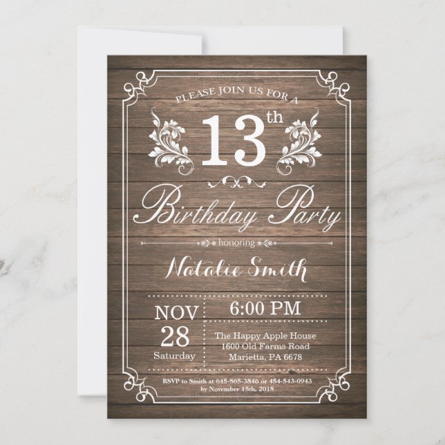 Rustic 13th Birthday Invitation Floral (Front)