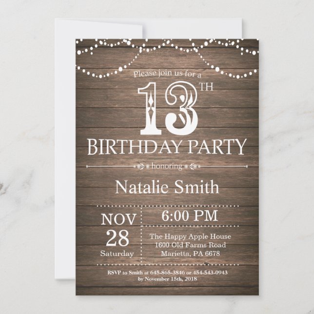 Rustic 13th Birthday Invitation String Lights (Front)