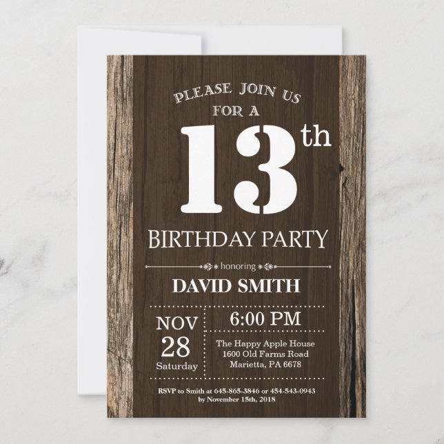 Rustic 13th Birthday Invitation Vintage Wood (Front)