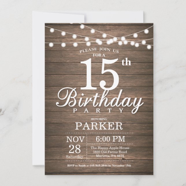Rustic 15th Birthday Invitation String Lights Wood (Front)