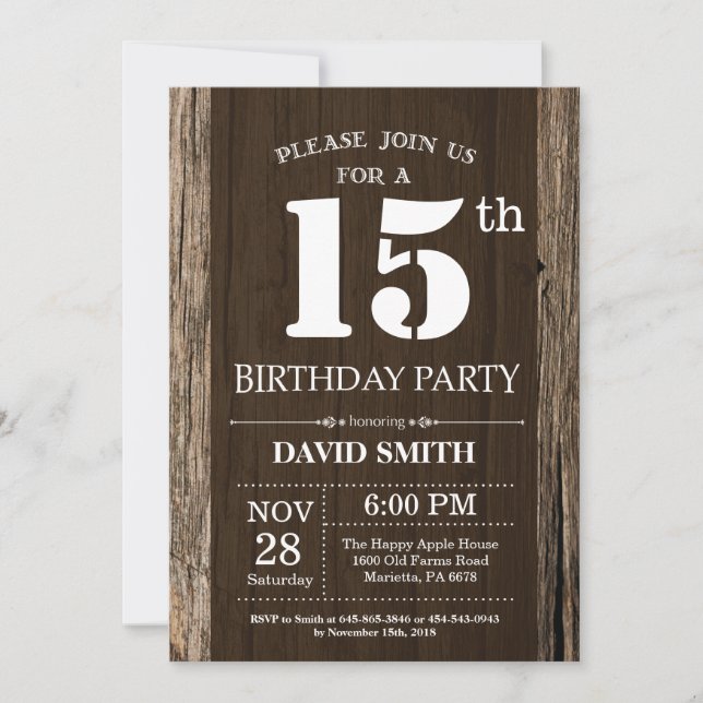 Rustic 15th Birthday Invitation Vintage Wood (Front)