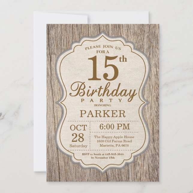 Rustic 15th Birthday Invitation Wood (Front)