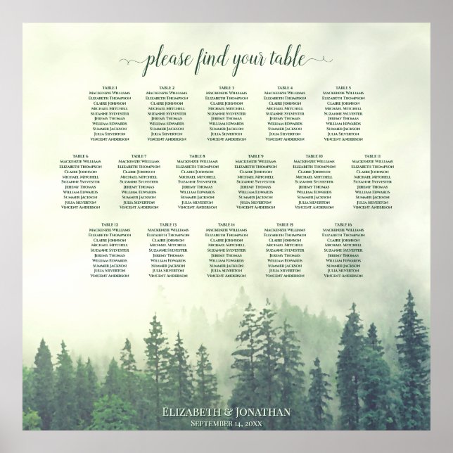 Rustic 16 Table Green Forest Wedding Seating Chart (Front)
