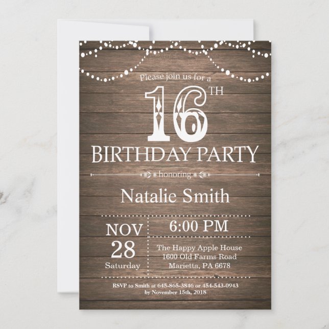 Rustic 16th Birthday Invitation String Lights (Front)