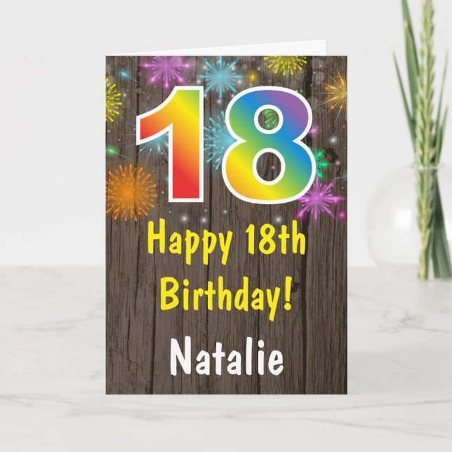 Rustic 18th Birthday Colourful Rainbow Fireworks Card (Front)