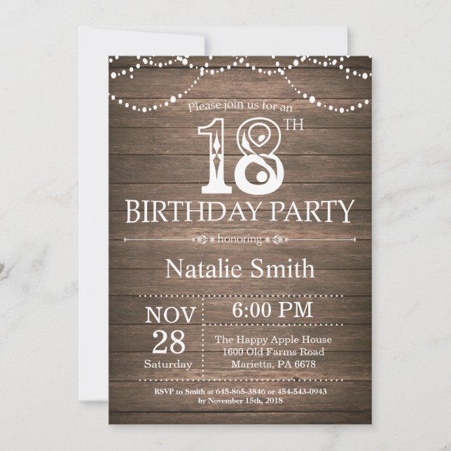 Rustic 18th Birthday Invitation String Lights (Front)