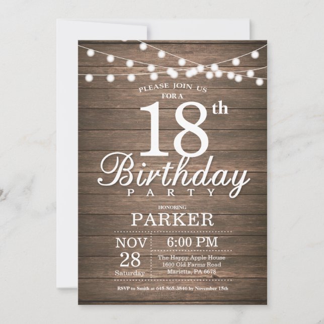 Rustic 18th Birthday Invitation String Lights Wood (Front)