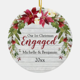 Rustic 1st Christmas Engaged Poinsettia Photo Ceramic Tree Decoration