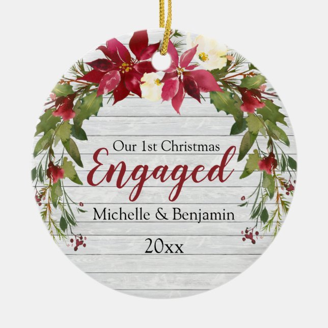Rustic 1st Christmas Engaged Poinsettia Photo Ceramic Tree Decoration (Front)