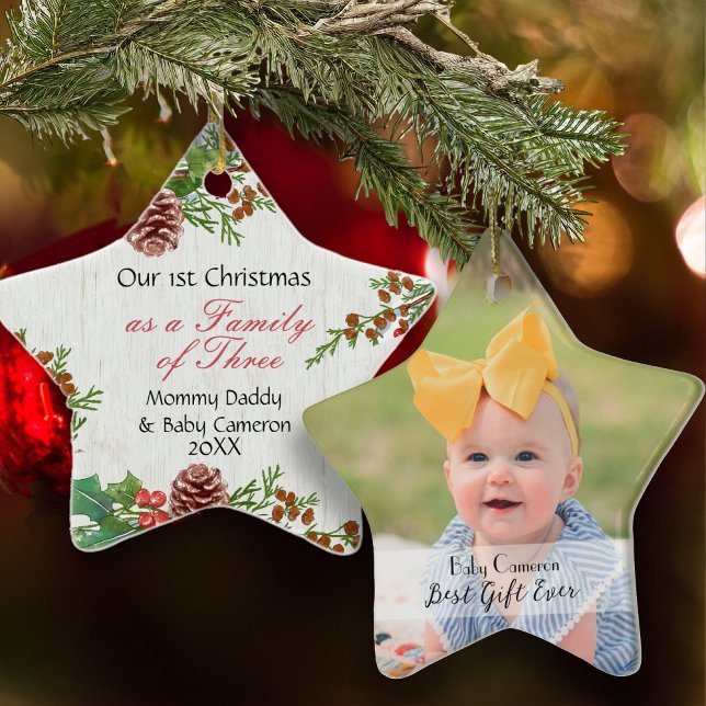 Rustic 1st Christmas Family of 3 Milestone Photo  Ceramic Tree Decoration (Creator Uploaded)