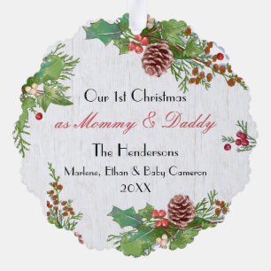 Rustic 1st Christmas New Mum Dad Milestone Photo Tree Decoration Card
