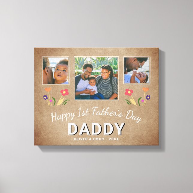 Rustic 1st Father`s Day Daddy Keepsake 3 Photo Canvas Print (Front)