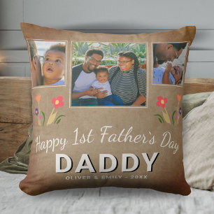 Rustic 1st Father`s Day Daddy Keepsake 3 Photo Cushion