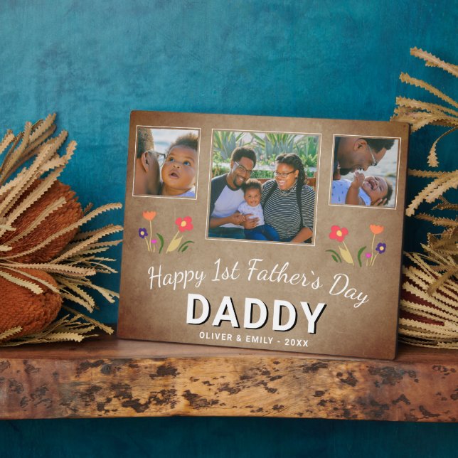Rustic 1st Father`s Day Daddy Keepsake 3 Photo Plaque (Side)