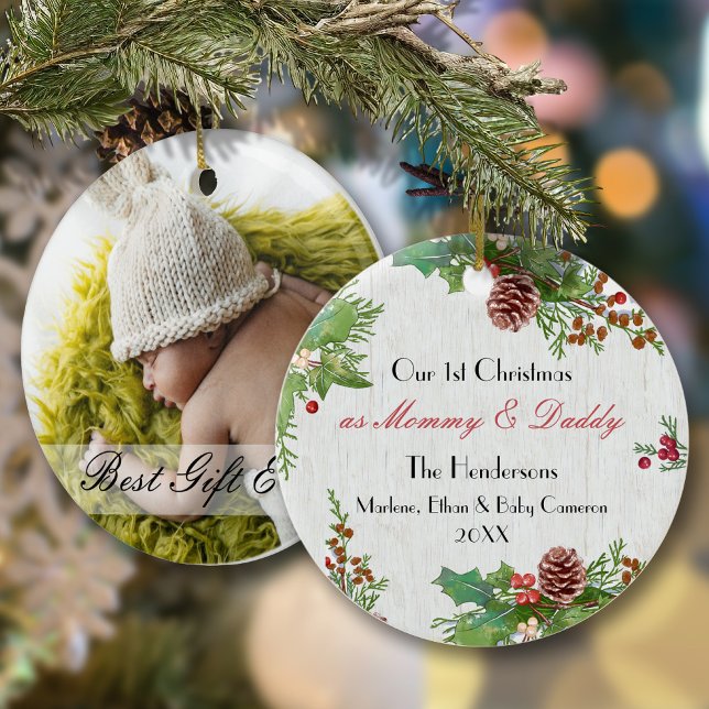 Rustic 1st Xmas New Mum & Dad Milestone Photo Ornament (Creator Uploaded)