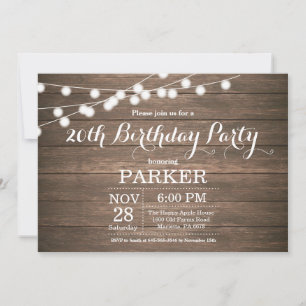 Rustic 20th Birthday Invitation Wood