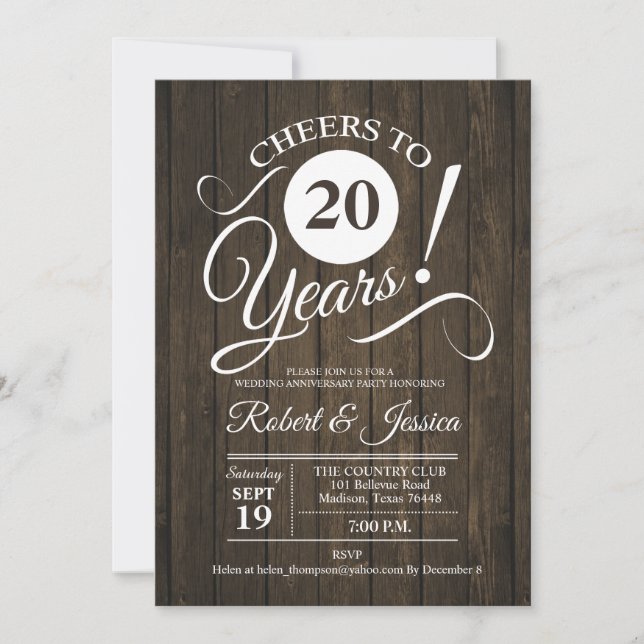 Rustic 20th Wedding Anniversary - Wood Invitation (Front)