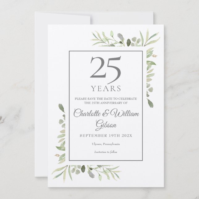 Rustic 25th Silver Wedding Anniversary Greenery Save The Date (Front)